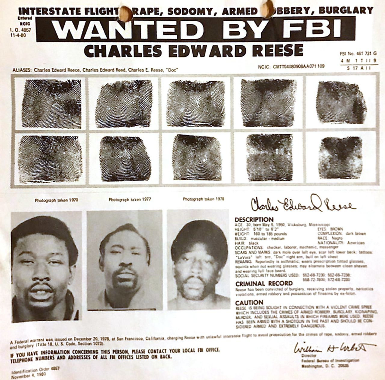 An FBI wanted poster identifying Charles Reese.