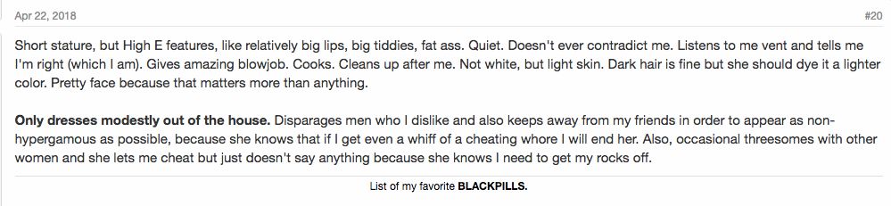 An incel describes his ideal woman’s physical features on Incels.me.
