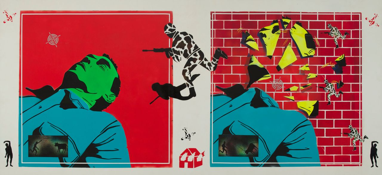 David Wojnarowicz, "Untitled (Green Head)," 1982. Acrylic on Masonite 48 × 96 in. (121.9 × 243.8 cm). Collection of Hal Bromm and Doneley Meris.