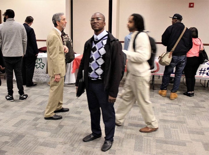 Michael Hankins at a job fair in Bridgeport. Hankins recently returned to Connecticut from Texas, where he earned an HVAC accreditation that doesn’t help find employment in Connecticut.