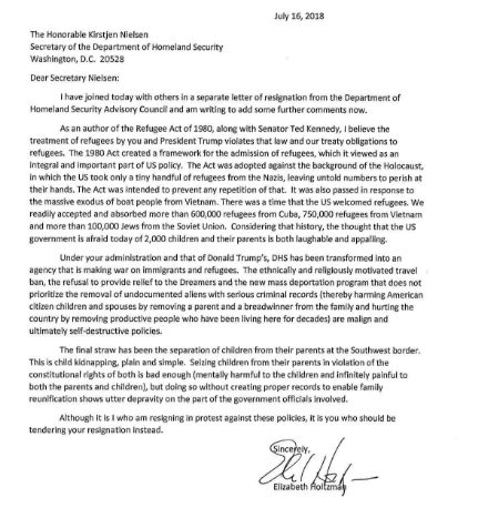 Elizabeth Holtzman's resignation letter.