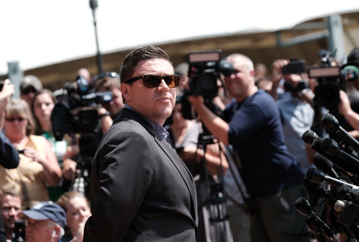 Unite the Right rally organizer Jason Kessler at a press conference in front of City Hall in Charlottesville, Virginia, 