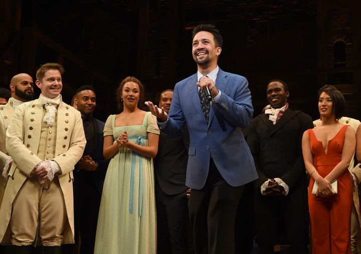Lin-Manuel Miranda and the cast appear on stage at the opening night curtain call for "Hamilton" at the Pantages Theatre on Aug. 16, 2017, in Los Angeles.