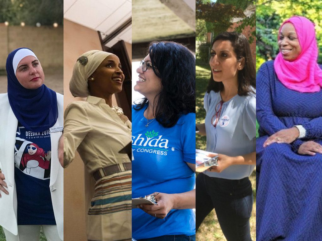 From left: congressional candidates Deedra Abboud, Ilhan Omar, Rashida Tlaib, Fayrouz Saad and Tahirah Amatul-Wadud