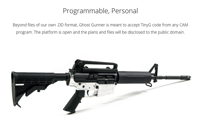 A screenshot of the Ghost Gunner website, advertising an AR-15 with a metal receiver constructed with the company's $1,500 milling machine.