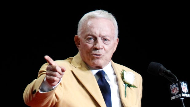 Aug 5, 2017; Canton, OH, USA;  Dallas Cowboys owner Jerry Jones delivers his acceptance speech during the Professional Football HOF enshrinement ceremonies at the Tom Benson Hall of Fame Stadium. Mandatory Credit: Charles LeClaire-USA TODAY Sports