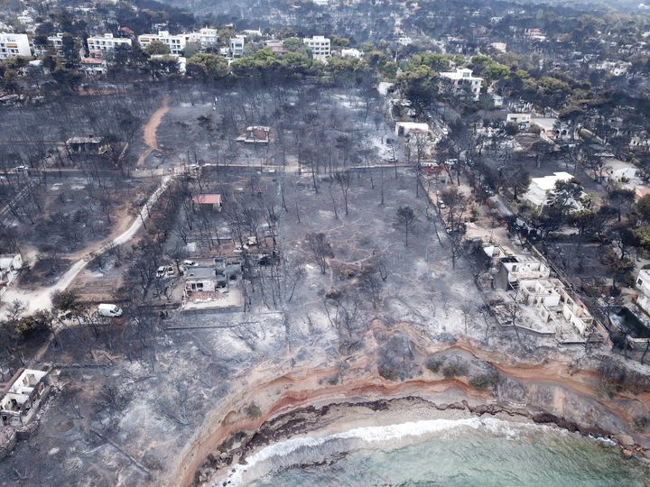 Aerial view of the area after wildfires in Mati, Greece