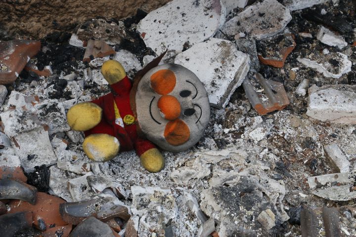 A charred doll is seen among ashes after a wildfire north of Athens
