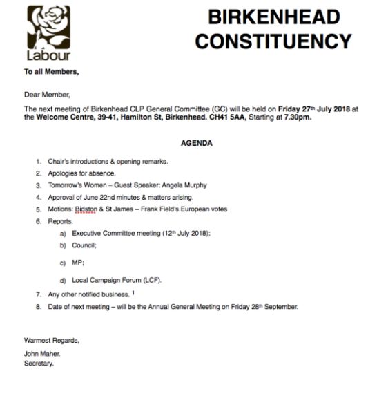 The agenda for the next Birkenhead CLP meeting