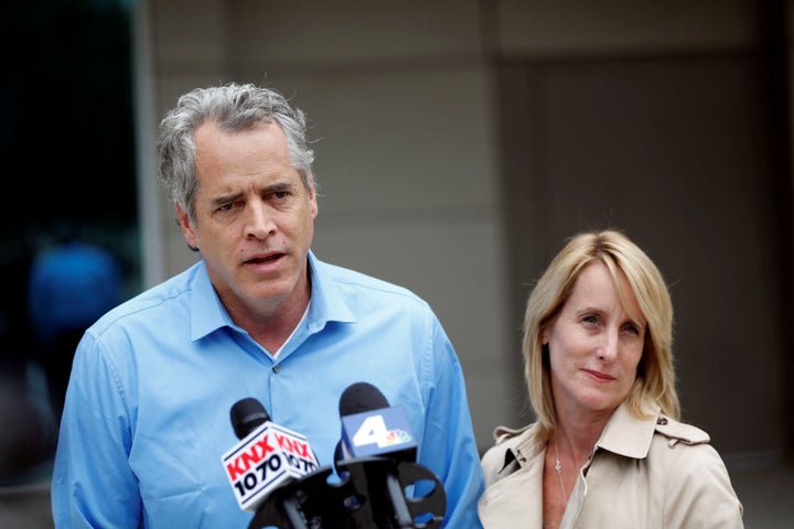 James Otis, who admitted to vandalizing Trump's star on the Hollywood Walk of Fame in 2016, is seen with his attorney during a press conference after his arrest.