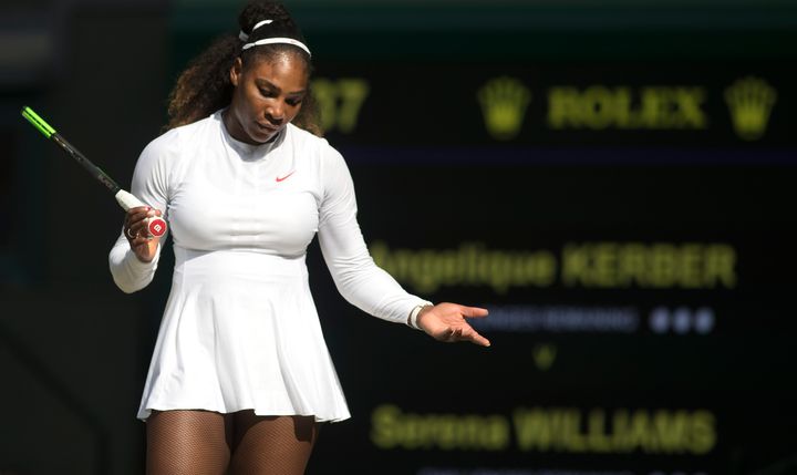 Serena Williams competes against Angelique Kerber of Germany during the Ladies' Singles Final at Wimbledon on July 14, 2018. 