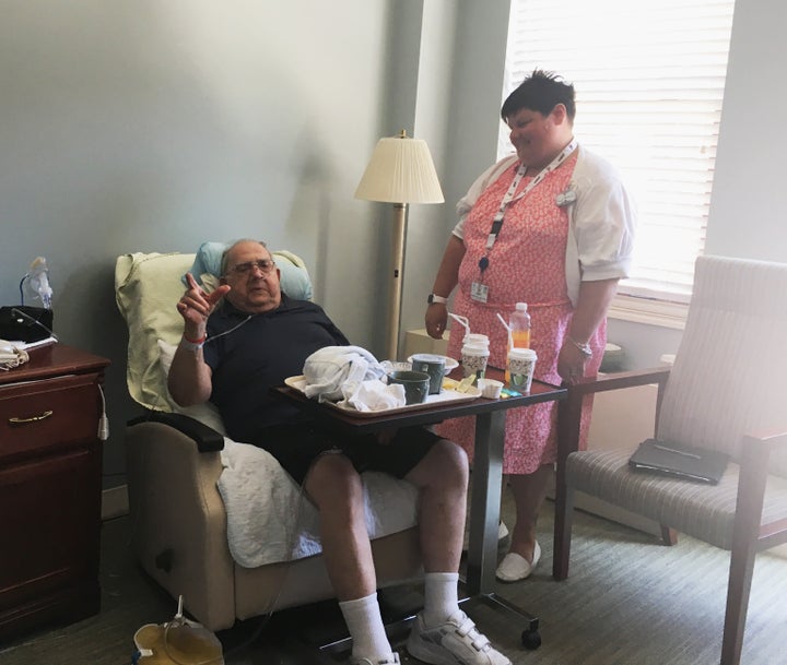 A hospice social worker, Misty Durbin, talks to Marty Krupar, 87, about his impending transfer to a nursing home for veterans. He recovered from respiratory failure after a monthlong stay at the Ames Family Hospice House in Westlake, Ohio. His wife died the day after he was admitted.