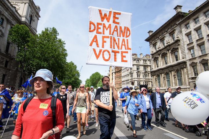 Anti-Brexit demonstrators fill Parliament Square in central London, during the People's Vote march in June 2018.