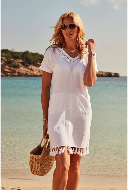 White Linen Shift Dress With Tassle Hem, size 8-16 available, £55, <a href=