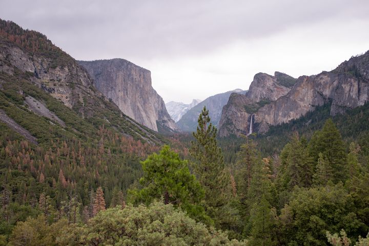 View of the El Capitan rock formation, Bridal Veil Falls and the Yosemite Valley in Yosemite National Park.
