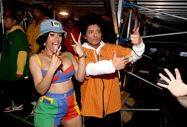 Cardi B and Bruno Mars backstage at the 60th Annual Grammy Awards in New York City on Jan. 28. She had been set to join