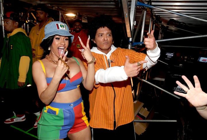 Cardi B and Bruno Mars backstage at the 60th Annual Grammy Awards in New York City on Jan. 28. She had been set to join him for his “24K Magic” tour stops in North America but announced on July 26 that she had to drop out.