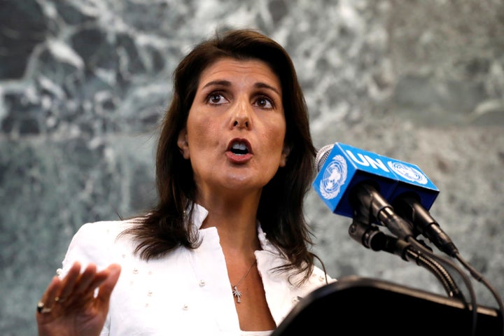 U.S. Ambassador to the United Nations Nikki Haley speaks at a press briefing at U.N. headquarters in New York on July 20, 2018