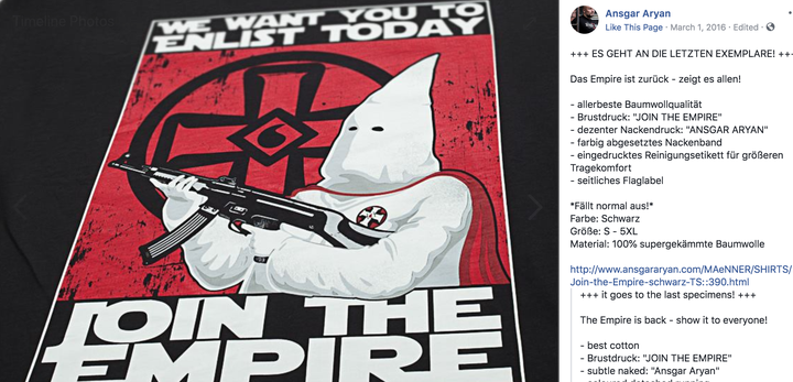 An ad on Ansgar Aryan's Facebook page showing a hooded klansman. Other posts on the page reference Nazi iconography and symbols.