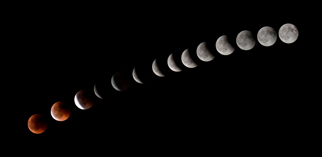 This combination of 14 pictures shows the moon during a total lunar eclipse near to La Puente town on the Spanish Canary Island of Tenerife.