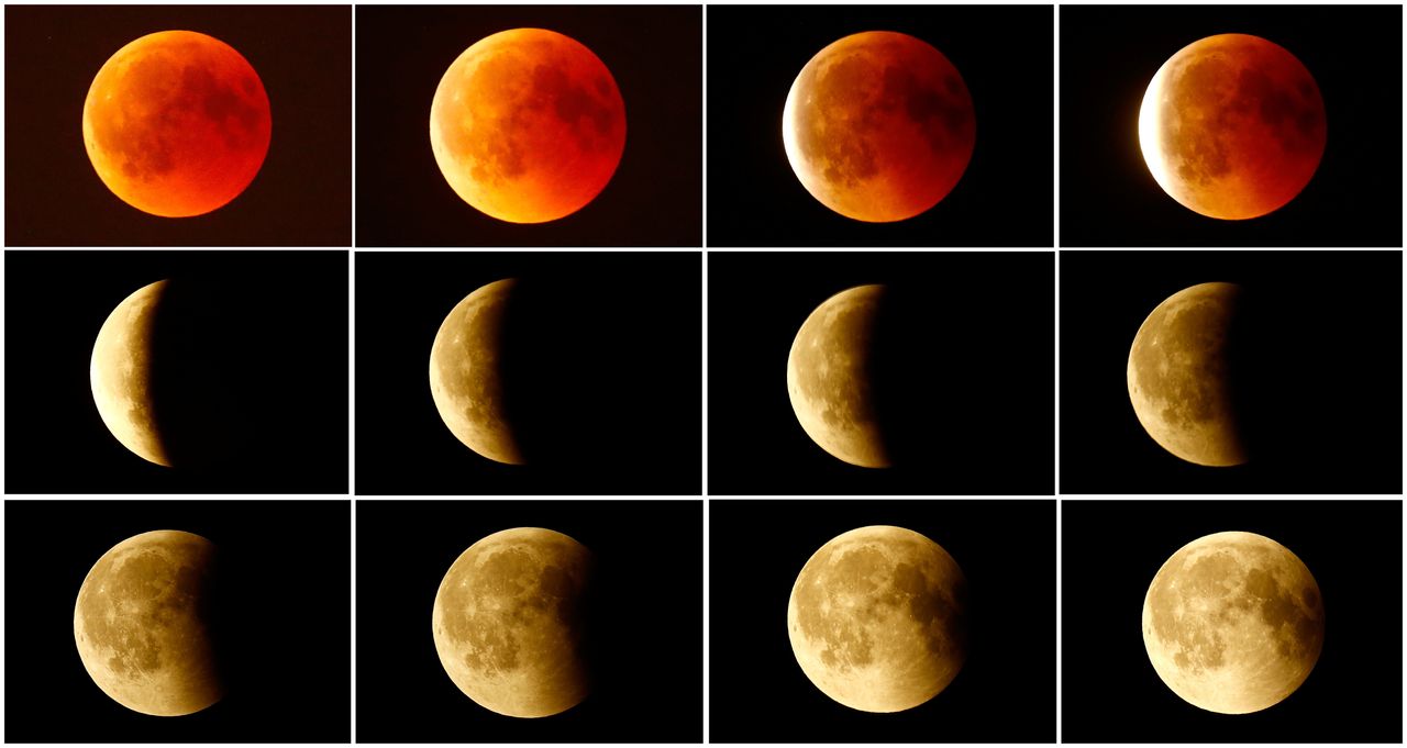 This combination photo shows the lunar eclipse from a blood moon (top left) back to full moon (bottom right) in the sky over Frankfurt, Germany.