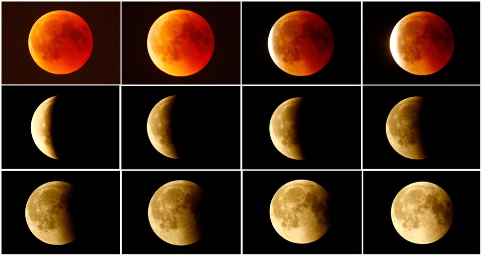 This combination photo shows the lunar eclipse from a blood moon (top left) back to full moon (bottom right) in the sky over Frankfurt, Germany.