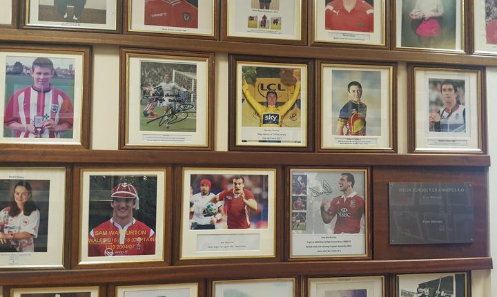 Pictures of ex-pupils Geraint Thomas, Gareth Bale and Sam Warburton on the wall of fame at Whitchurch High School in Cardiff.