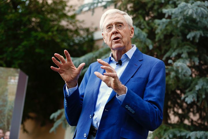 Multibillionaire Charles Koch addresses donors to the libertarian Koch Network at its annual summer gathering in Colorado Springs, Colorado, on July 28.
