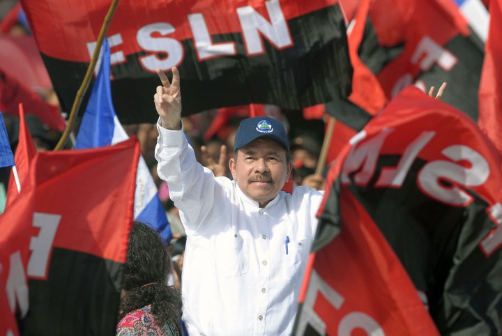 Nicaraguan President Daniel Ortega takes part in the commemoration of the 39th anniversary of the Sandinista Revolution at 'La Fe' square in Managua, the nation's capital, on July 19.