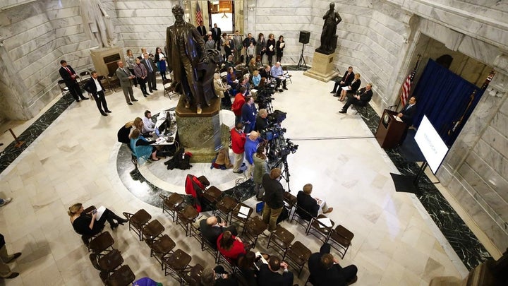 Republican Kentucky Gov. Matt Bevin announces federal approval of his state’s Medicaid waiver at the Capitol in Frankfort. Kentucky was the first state to gain permission to require Medicaid recipients to work to receive coverage. The state estimated that its proposed rules would cause 95,000 adult Medicaid enrollees to lose coverage, at a savings to the state of $331 million.