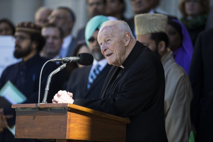 Former Archbishop of Washington Theodore McCarrick speaks during an interfaith meeting at the Washington National Cathedral on October 23, 2015.