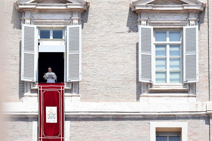 Pope Francis speaks during his Sunday Angelus prayer on July 29, 2018 at the Vatican. He is preparing for a trip to Ireland in August.