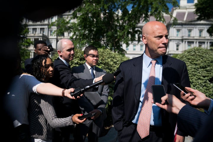 Short, seen here with reporters in May, didn't speak out about the White House's much-criticized response to the deadly neo-Nazi rally last August that took place near the University of Virginia's campus in Charlottesville.