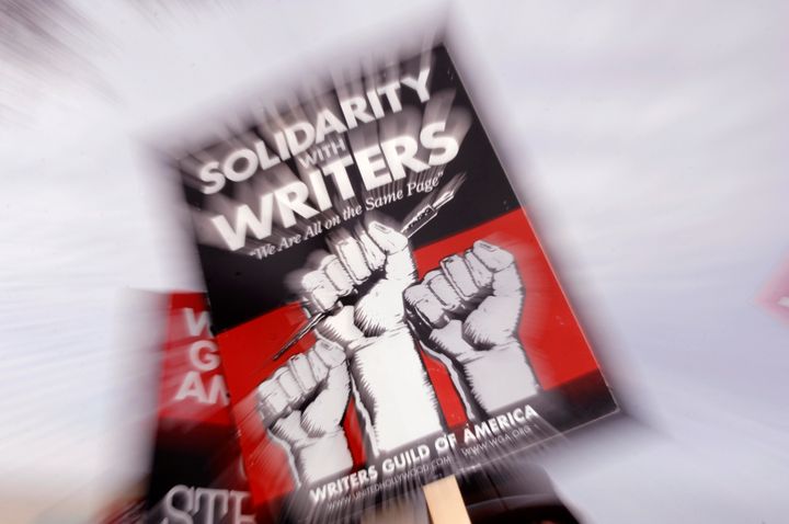 A picket sign from the Writers Guild of America. On Monday a petition with more than 300 names supporting a new unionization contract for Slate and Thrillist employees was submitted to management.