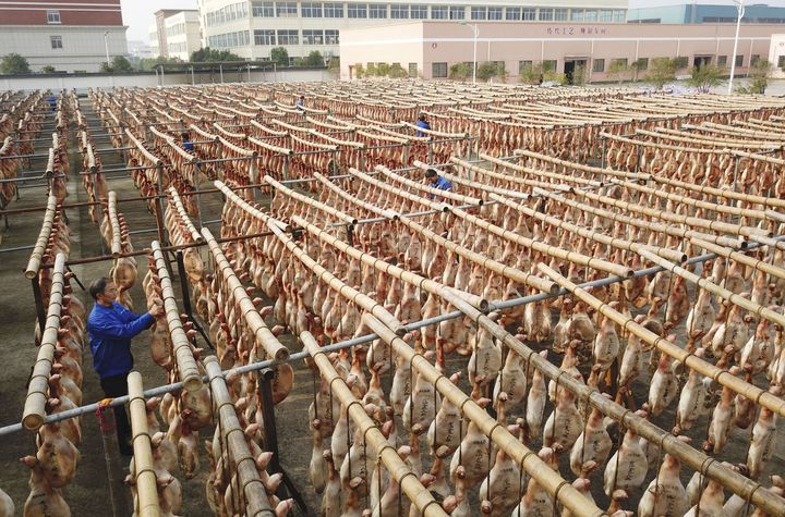 Staff workers dry hams in Huayuan Village of Dongyang City, east China's Zhejiang Province, Dec. 4, 2017.