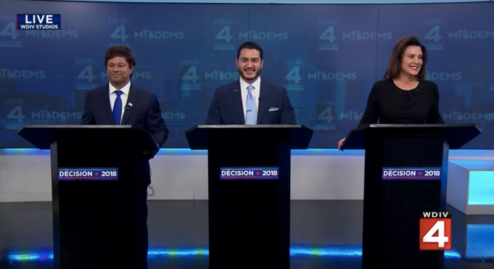 Shri Thanedar (left) debates Democratic competitors Abdul El-Sayed and Gretchen Whitmer on July 19.