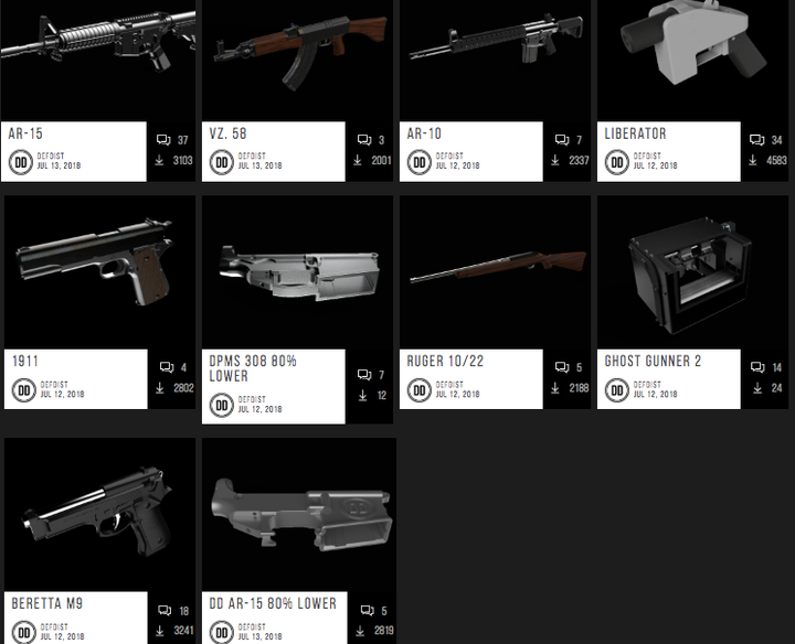 A screenshot of the Defense Distributed website offering downloadable blueprints for 3D-printed guns.