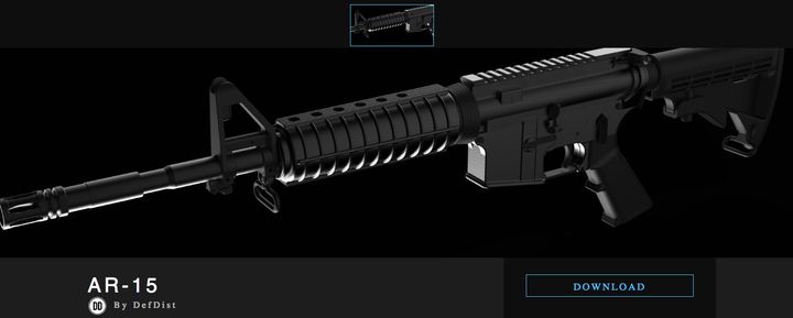 A screenshot of the Defense Distributed page offering downloadable blueprints for an AR-15.