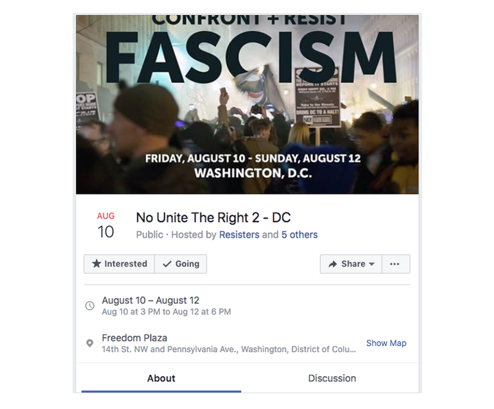 A protest in Washington, D.C., scheduled to Aug. 10-12 was organized by the "Resisters" Facebook page, which Facebook says was involved in "coordinated inauthentic activity."