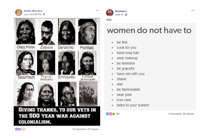 A sample of the posts from "Aztlan Warriors" and "Resisters," two pages Facebook identified as inauthentic.