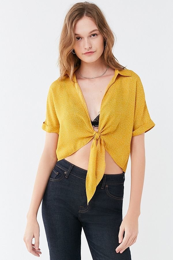 Yellow tie front crop hot sale top