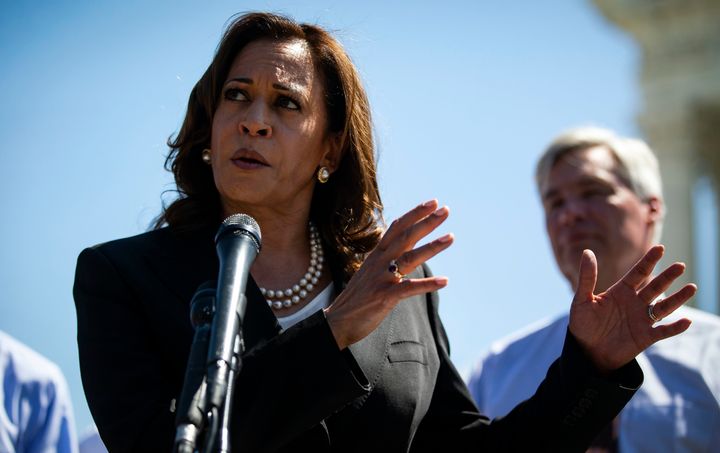Sen. Kamala Harris (D-Calif.) speaks with Senate Democrats during a news conference on July 10, 2018, in Washington, DC. 