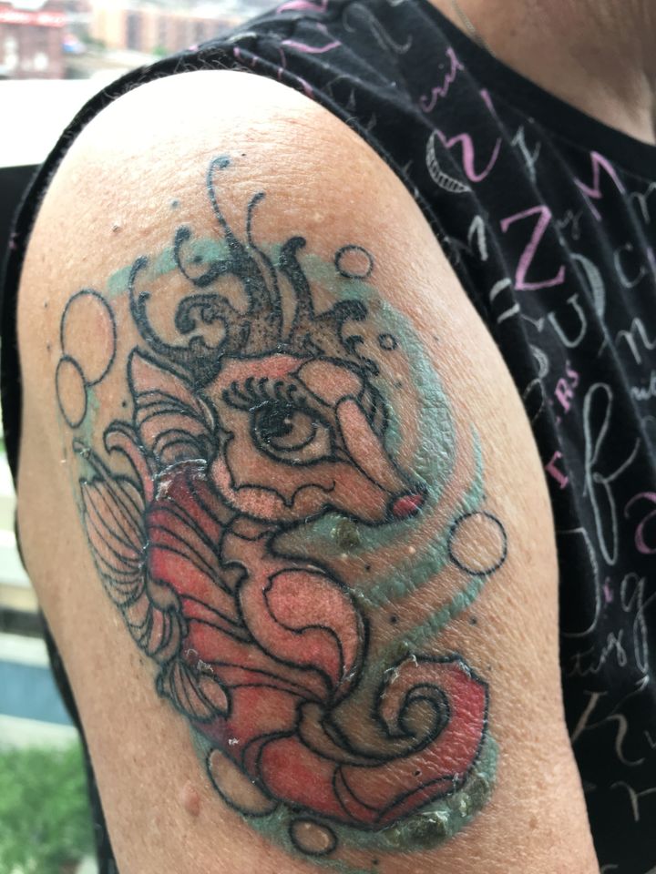 A close-up of Soloway's seahorse tattoo.