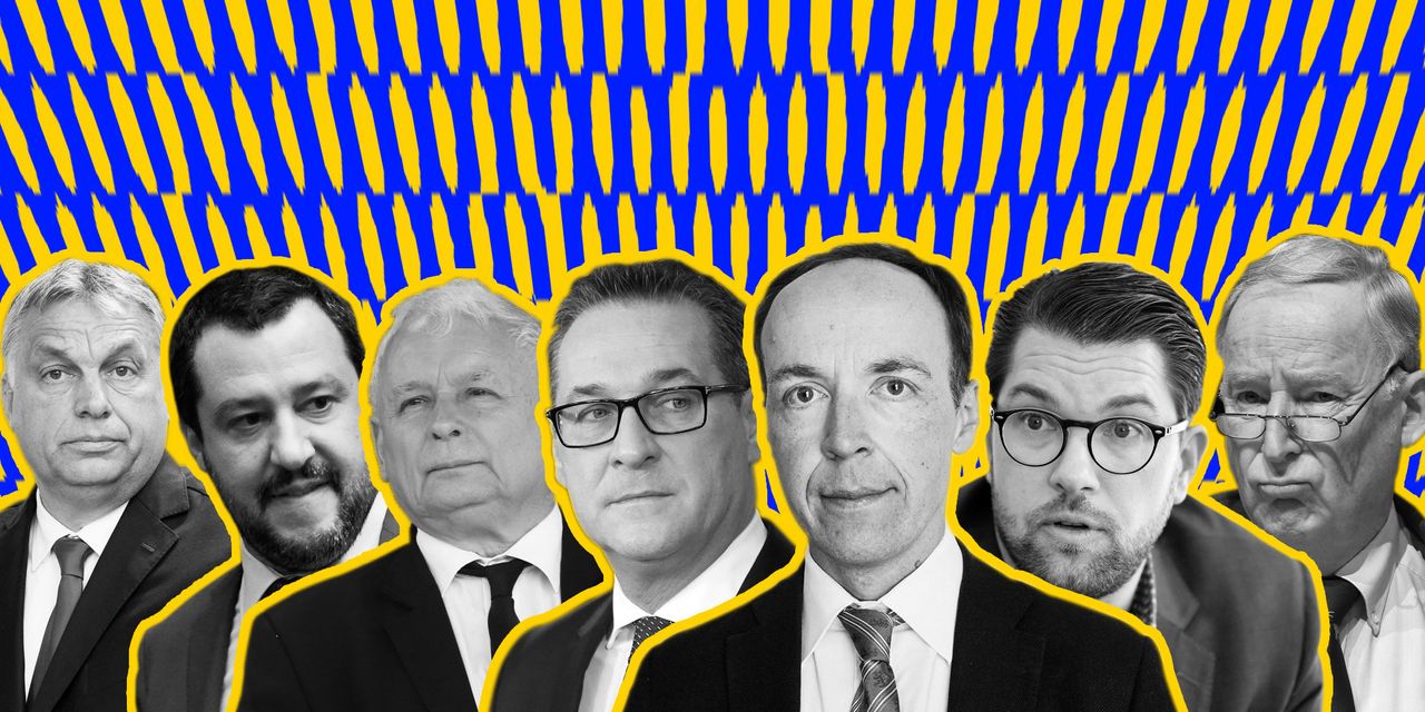 Hungary's Victor Orban, Italy's Matteo Salvini, Poland's Jaroslaw Kaczynski, Austria's Heinz-Christian Strache, Finland's Jussi Halla-aho, Sweden's Jimmie Akesson and Germany's Alexander Gauland (left to right).