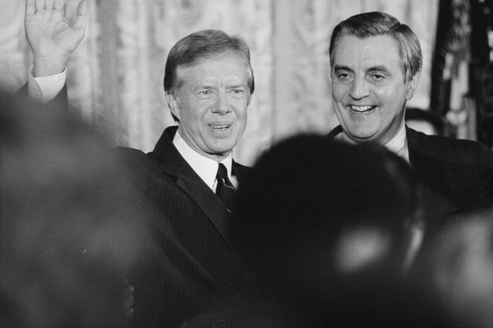 President Jimmy Carter and Vice President Walter Mondale at the White House in December 1979. Carter first embraced neoliberalism in the late 1970s, when he began deregulating the trucking, banking and airline industries.