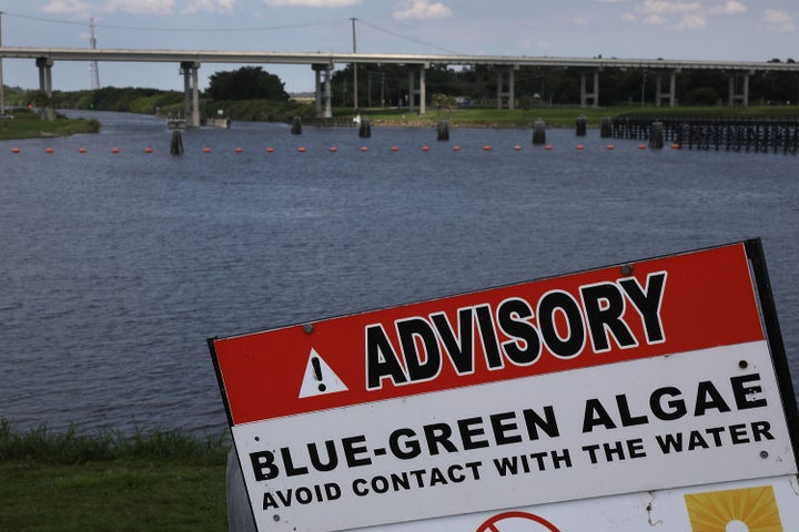 A sign warns of Blue-Green algae in the water near the Port Mayaca Lock and Dam on Lake Okeechobee on July 13.