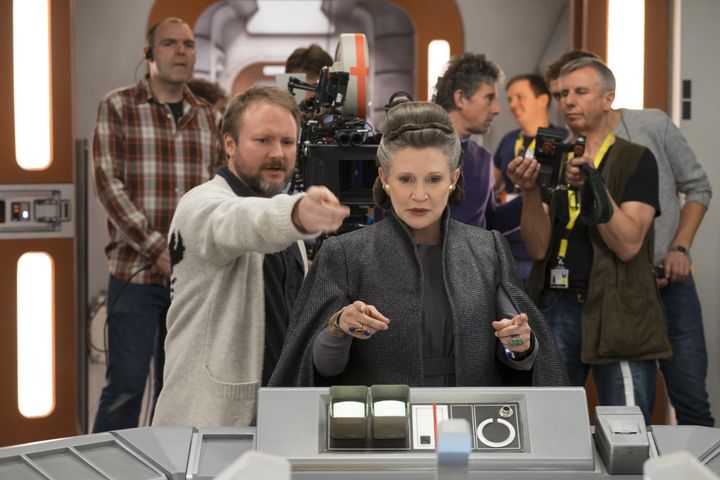 Carrie on set of 'The Last Jedi' with director Rian Johnson 