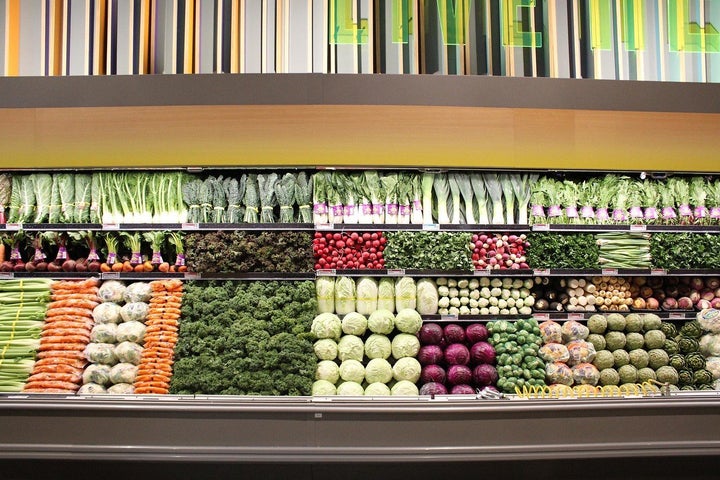 A pristinely organized produce wall at Whole Foods in Burbank, California.