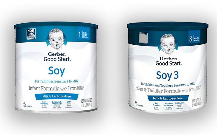 Gerber uses almost identical packaging on soy milk products for babies and toddlers.