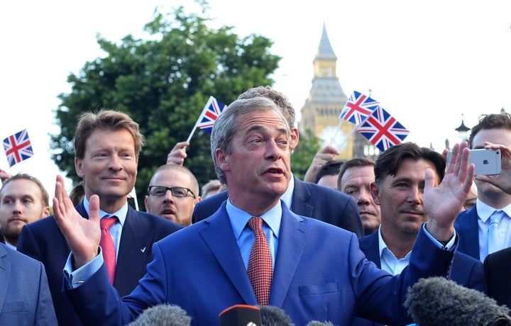 <strong>Nigel Farage celebrates the 51.9% to 48.1% Leave-Remain result in 2016</strong>